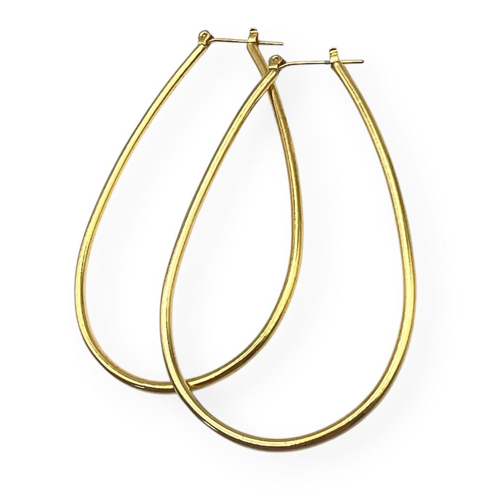 Hoop Earrings Large Teardrop Thin Oval Gold Tone Open Pear Drop Minimalist Retro